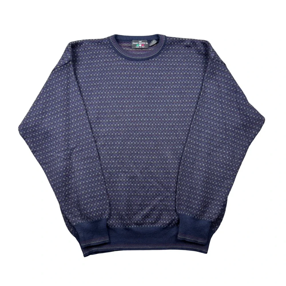 Vtg The Italian Sweater Co Men Medium Blue Purple Wool Blend Geometric Crewneck